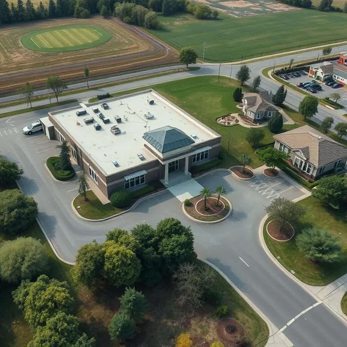 Aerial view of commercial property highlighting key features and access