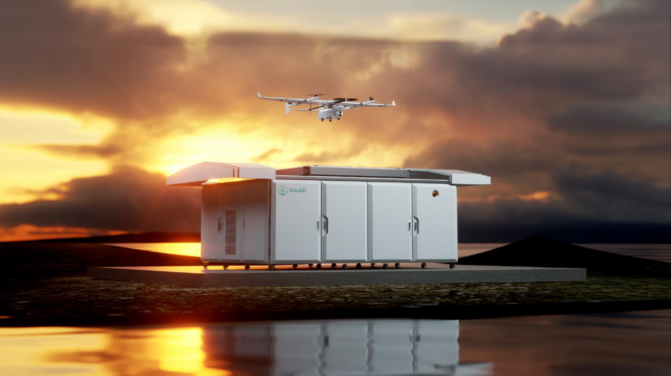 Automated drone dock system with VTOL drone at sunset, Raad-doc