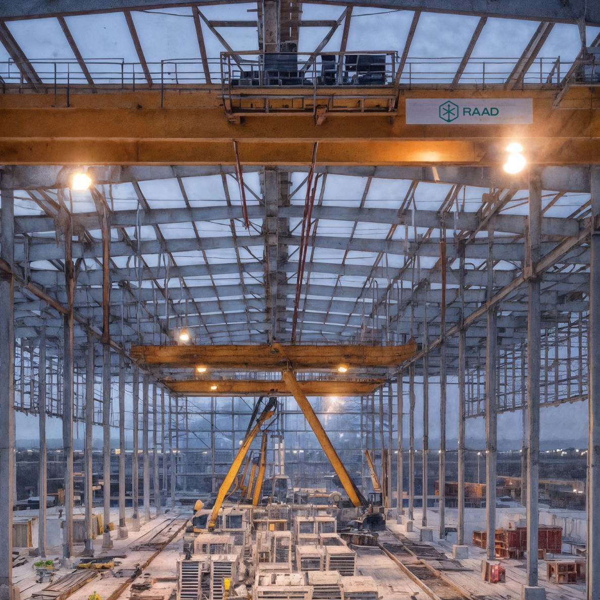 Interior view of construction site showing steel frame structure with RAAD branding