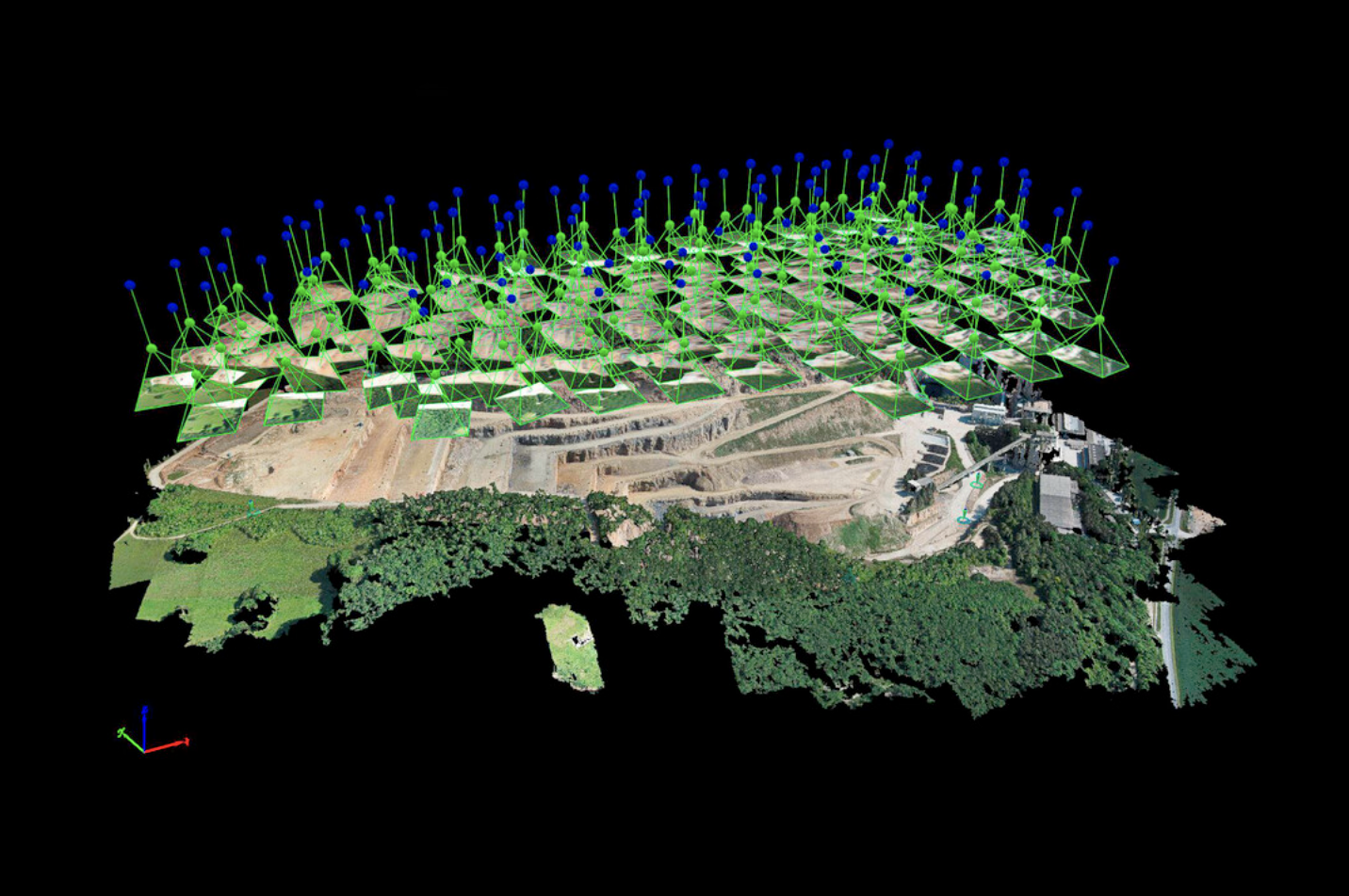 A photogrammetry point cloud is created via stitching of geo-referenced photos
