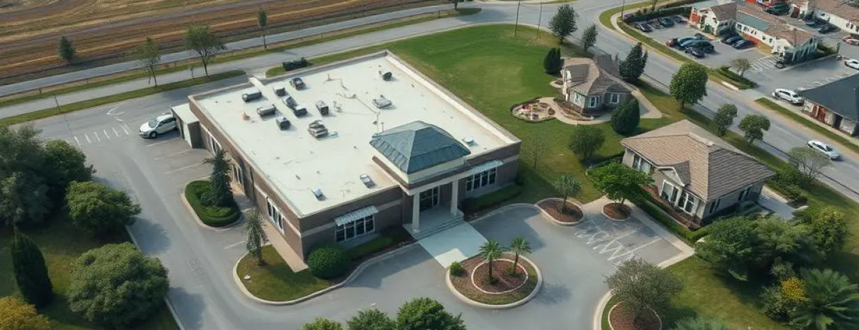 Aerial view of commercial property highlighting key features