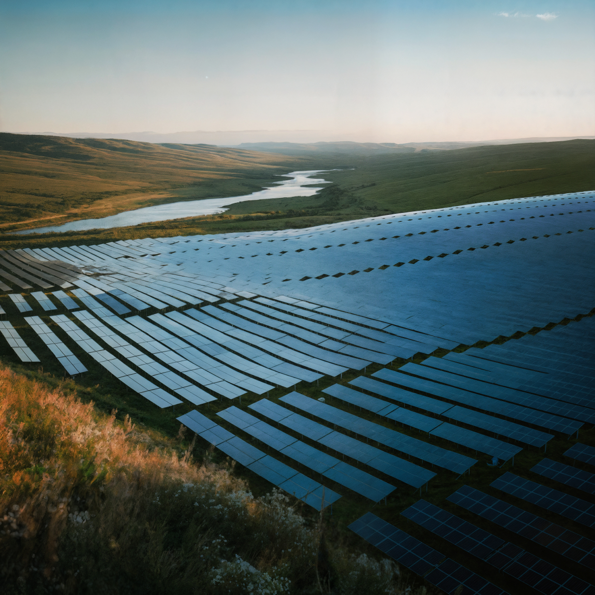 Drone performing a thermal scan over a large utility-scale solar farm