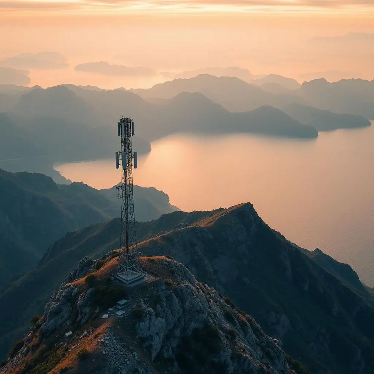 Telecommunications tower on mountain peak at sunset